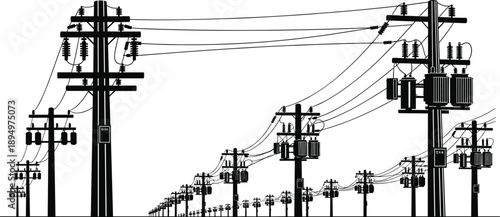 Extensive row of black silhouette electricity poles with transformers and wires Keywords: electricity, power, pole, transformer