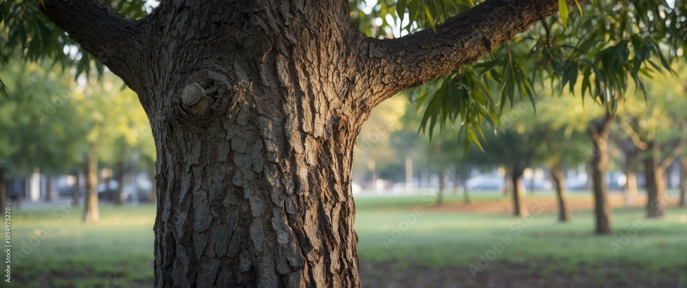 Fototapeta premium Tree trunk with sawn branch wounds in close-up, blurred background, illustrating seasonal pruning and rejuvenation in urban trees