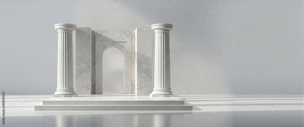 Fototapeta premium Platform and display stand designed after Greek Doric pillars featuring clean, bright backdrop with space for marketing products, services, and museum expansions