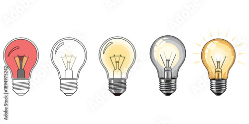 Five light bulbs in various stages of illumination and design on a white background Keywords: light bulb, idea, innovation