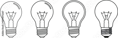 Four light bulbs in outline with visible filament and screw base Keywords: light, bulb, lamp, incandescent, filament, glass