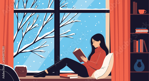 Serene scene of a woman sitting on a windowsill reading her book while looking out at a snowy landscape during a quiet night.