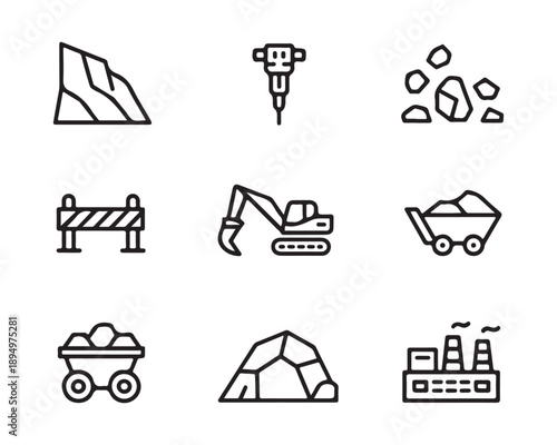 Construction site icons set with excavator and mining elements