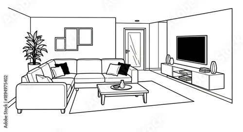Modern living room interior design sketch with sectional sofa and television.