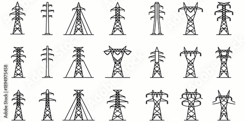 Grid of twenty-one black and white line art icons of electricity pylons and poles power line tower transmission tower