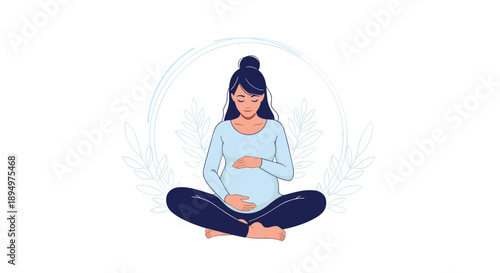 Expectant mother sits in peaceful meditation pose for prenatal yoga session with delicate botanical background.