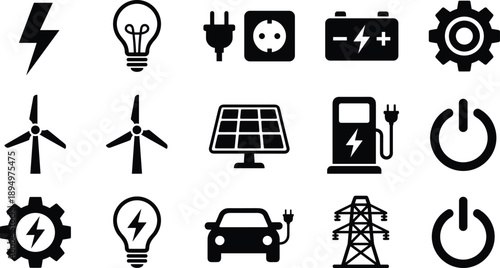 Grid of Black Icons Illustrating Electricity and Renewable Energy Concepts symbols lightning bolt