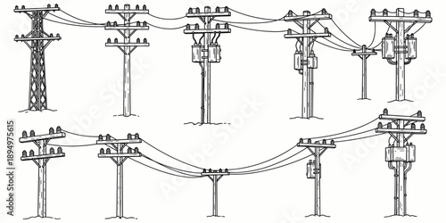 Hand- Drawn Style Illustrations of Electrical Power Poles and Wires electrical pole utility pole
