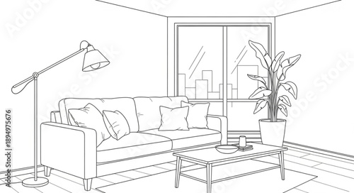 Modern living room interior design sketch with sofa and lamp.
