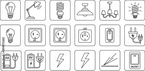 Icons Representing Electricity Light Bulbs Sockets Plugs and Switches lamp desk lamp