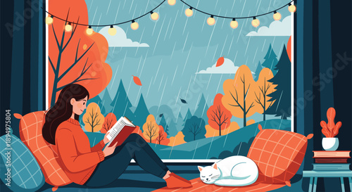 Peaceful young woman sits in a cozy corner reading a book while a white cat sleeps beside her on a rainy autumn day.