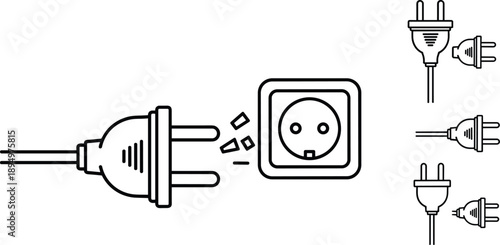 Outline icons of electrical plugs and a socket with connecting elements electrical socket power plug