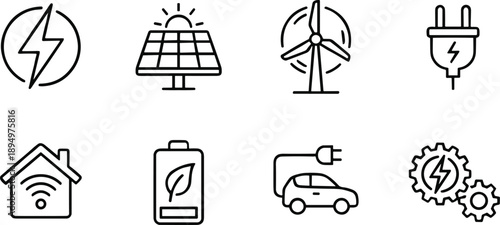Outline icons for renewable energy, technology, and smart home concepts Keywords: energy, technology, icons, electricity, power