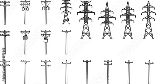 Outline Icons Of Electrical Poles And Power Towers In Rows electricity energy
