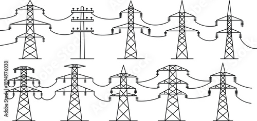Overhead power line transmission towers and poles with wires Keywords: electricity, power line, transmission tower, pylon