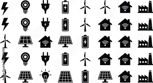Seamless pattern of black energy and technology icons on white background Keywords: energy, technology, icons, electricity