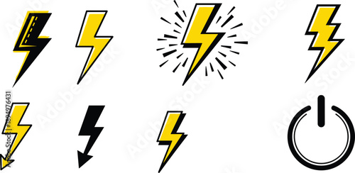 Set of Lightning Bolt and Power Button Icons in Yellow Black and White on White Background Keywords: lightning bolt, thunderbolt