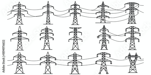 Set of twelve black and white line art illustrations of electricity pylons and transmission towers Keywords: electricity, pylon