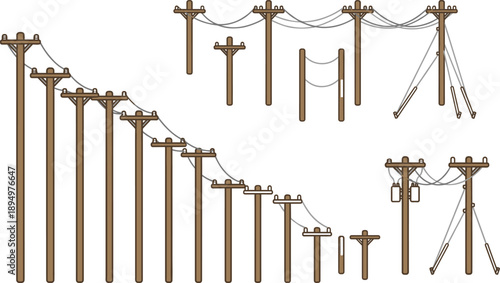 Set of Wooden Electricity Poles with Wires and Guy Wires on White Background Keywords: electricity pole, power line, utility