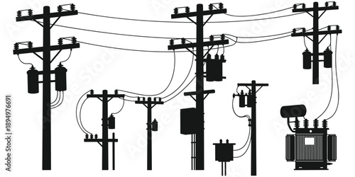 Silhouette Collection of Electricity Poles with Transformers and Wires power line utility pole