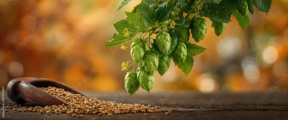 Naklejka premium Plant featuring a branch of fresh hops and barley seeds pouring from a wooden scoop