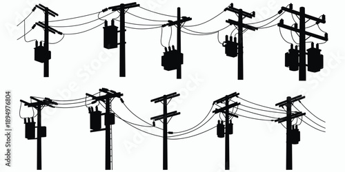 Silhouettes of electricity poles with transformers and wires power pole utility pole