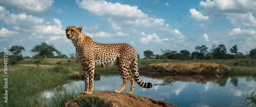 South Africa: Cheetah near a waterhole on a dike within a game reserve