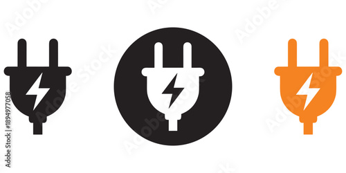 Three electrical plugs with lightning bolt symbols in black white and orange on white background Keywords: electrical plug