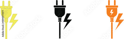 Three electrical plugs with lightning bolts in yellow black and orange on a white background Keywords: electrical plug, lightning