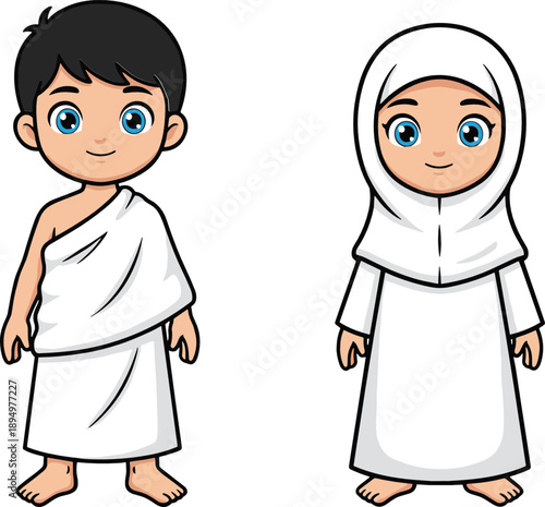 Muslim boy and girl wearing ihram and hijab outfit for Hajj Umrah pilgrimage illustration design