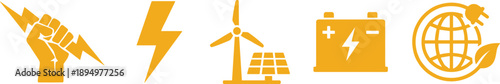 Yellow Icons Representing Renewable Energy and Power Concepts symbols fist
