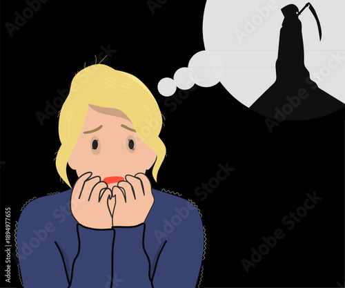 ​Young Woman Experiencing Thanatophobia or Intense Fear of Death vector Illustration