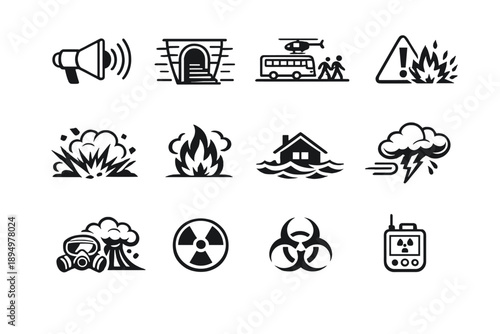 Natural Disaster and Hazard Warning Line Icons Set