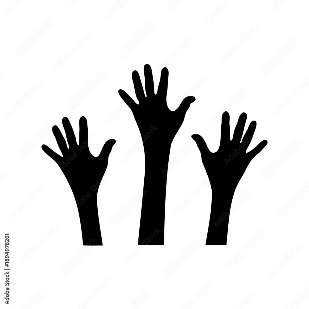 Fototapeta premium Three raised hands silhouette black and white illustration gesture