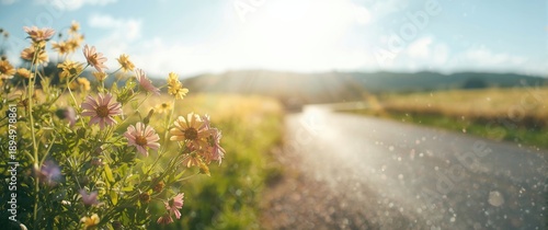Photographing vibrant flowers and lush plants on the roadside with a natural background in summer and spring, emphasizing floral beauty and greenery