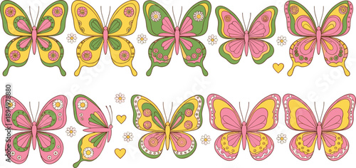 Cute pastel butterfly set with floral decorative wings for spring nature, nursery, and feminine illustration design