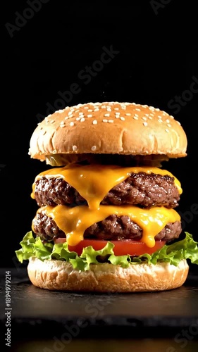 Dramatic Close-up Vertical Shot of Exploding Deluxe Cheeseburger Ingredients Falling and Assembling in Mid-Air Against a Clean Black Background