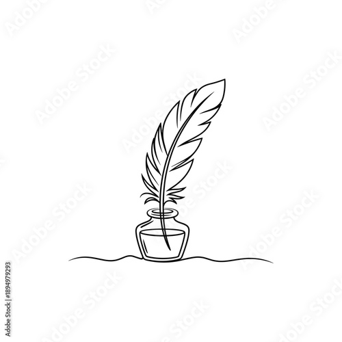 Simple line art drawing of a quill pen resting in an inkwell isolated on a transparent background