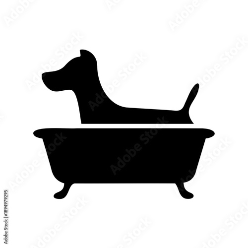 black silhouette of a dog in a bathtub on white background