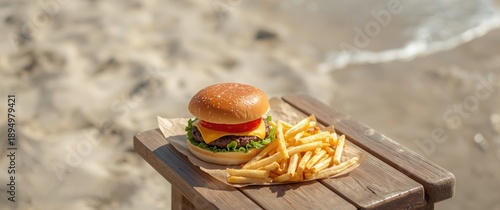 Chips and burger by the sea