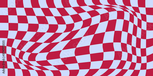 Wavy checker pattern. Groovy chessboard grid, distorted optical illusion effect, funky surreal checkered distorted background. Vector abstract illustration