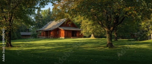 Garden scene with a red woo...