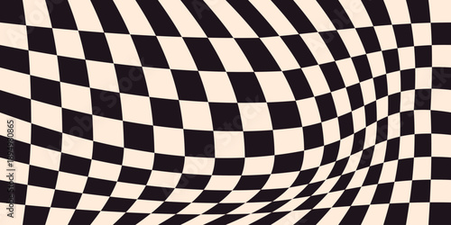 Checker distorted pattern. Wavy hypnotic checkerboard surface, groovy warped liquid mosaic grid, abstract funky optical illusion background. Vector graphic illustration