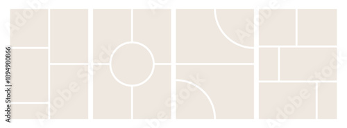 Photo collage template grid. Blank mosaic photography frames, abstract picture album layout mockup for banner, poster, comic page, social media post, gallery poster design. Vector set