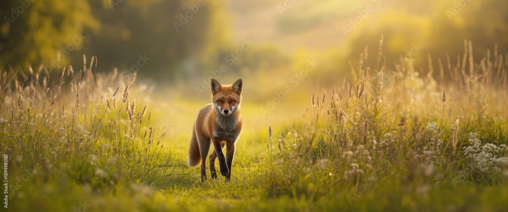 Fototapeta premium Vulpes vulpes, curious red fox, on one leg, moving toward the camera in a lush green summer meadow