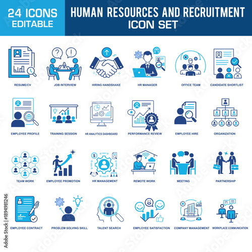 Human Resources and Recruitment icon collection set. Containing resume, cv, job interview, hr manager, employee profile, teamwork, remote work,  editable vector 