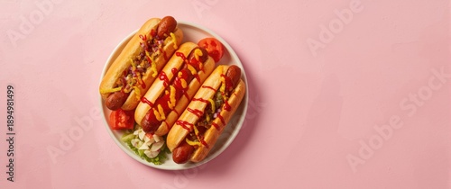 Hot dogs with toppings arra...