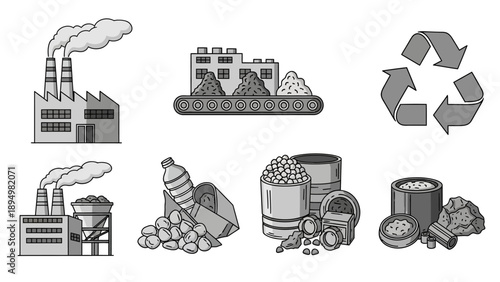 Industrial Recycling Process Icons Set.