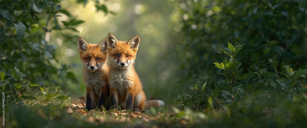 Fototapeta premium Pair of adorable fox cubs in the forest, displayed horizontally