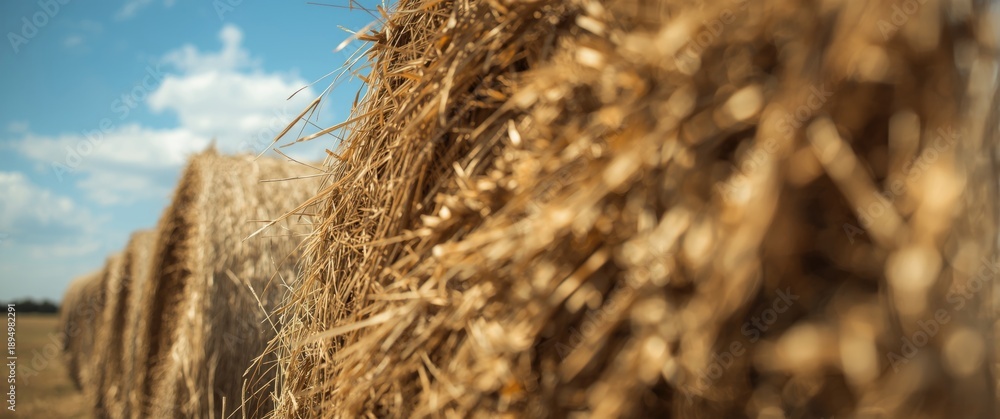 Fototapeta premium Dry grass hay, twisted into dense stacks, prepared for cattle feed on a field under a blue sky